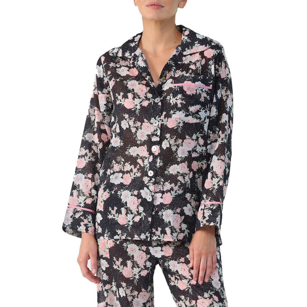 Papinelle Celeste Cotton Button Down Pajama Top Floral Black Small